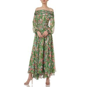 Amur Raven Silk Floral Off-Shoulder Maxi Dress Green Pink Size 0